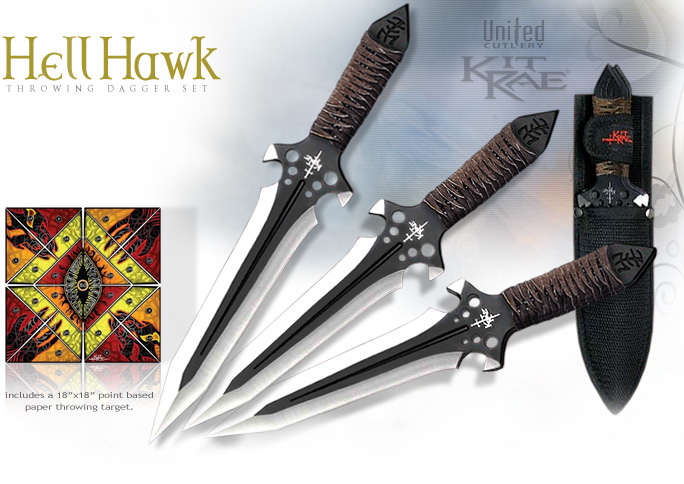 NobleWares Image of Kit Rae HellHawk Throwing Dagger Triple Set with Sheath KR0057 by United Cutlery