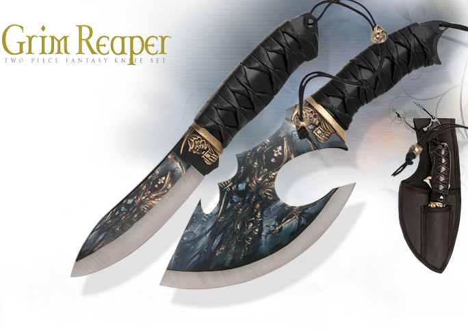 NobleWares Image of Grim Reaper two piece fantasy Knife and Cleaver Set with Sheath BK2207