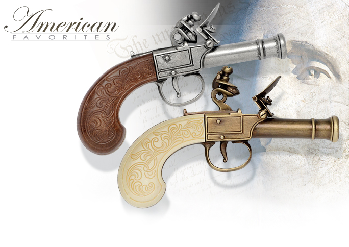 NobleWares Image of Pocket Flintlock non-firing replica Pistol models 237G Grey Barrel with wood grips, and 237L Gold Barrel with simulated ivory raisins by Denix of Spain