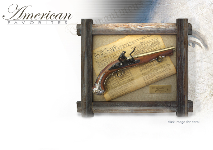 NobleWares Image of Barnwood Style Frame Set with George Washington non-firing replica Flintlock Pistol model 1228 by Denix of Spain