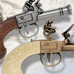 Pocket Flintlock non-firing replica Pistol models 237G antiqued Grey Barrel with wood grips, and 237L antiqued Brass finish Barrel with simulated ivory grips by Denix of Spain
