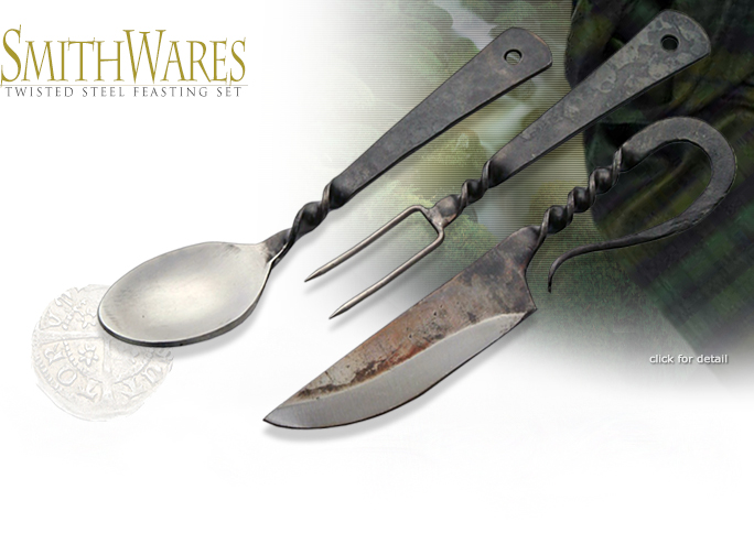 4406 Twisted Steel Feasting Set Hand forged Knife, Fork, and Spoon