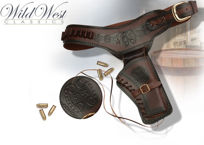 NobleWares image of Old West Dual-Tone Single Right Draw Leather Holster 01 by Denix and replica bullets