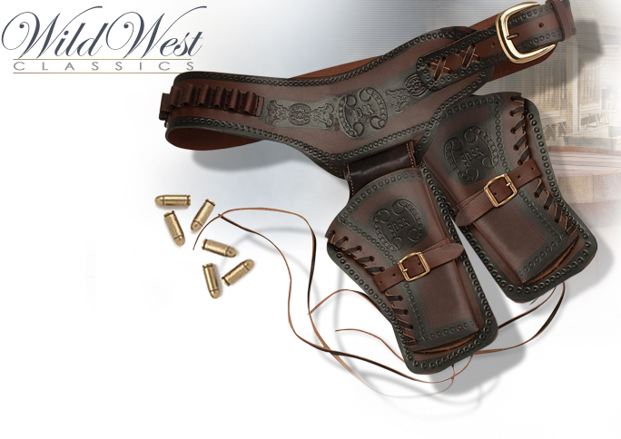 NobleWares image of Old West Dual-Tone Double Draw Leather Holster 02 by Denix and replica bullets