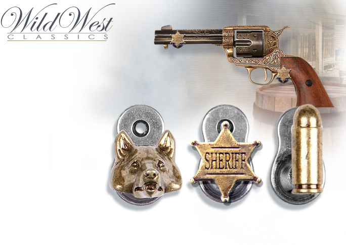 NobleWares image of Denix spring loaded Western hangers, Wolf Head 22-32L 22-32G, Sheriff Badge 22-31, and Bullets 22-30